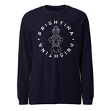 A white long sleeve tee with a graphic print in the center, featuring the text 'PRISHTINA' and a figure illustration.