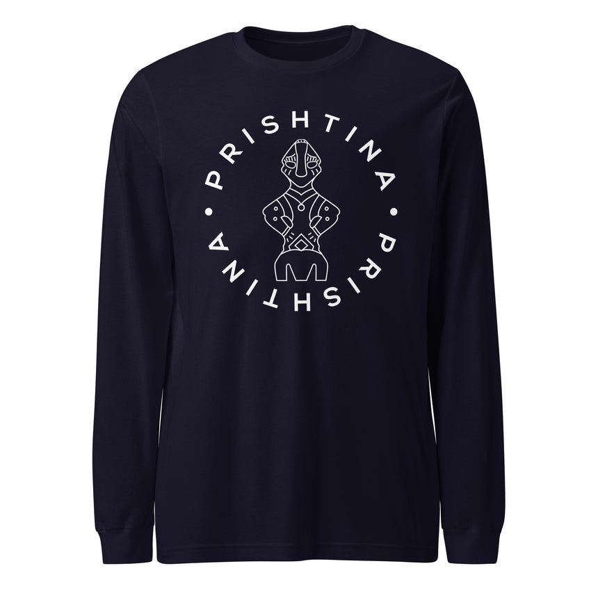 A white long sleeve tee with a graphic print in the center, featuring the text 'PRISHTINA' and a figure illustration.